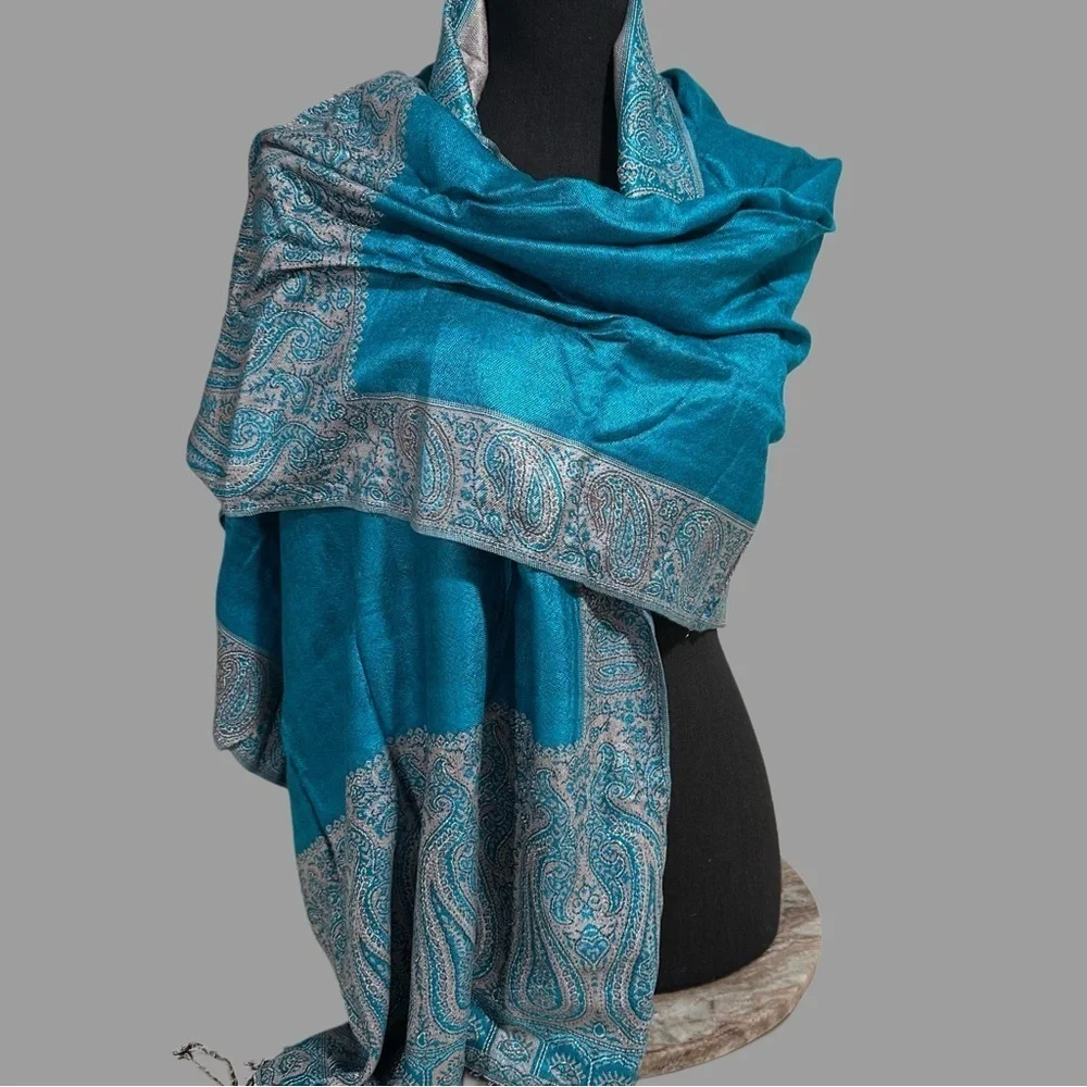 Elegant Large Shawl Wrap Double-sided Super Soft Quality Rayon Silver Aquamarine